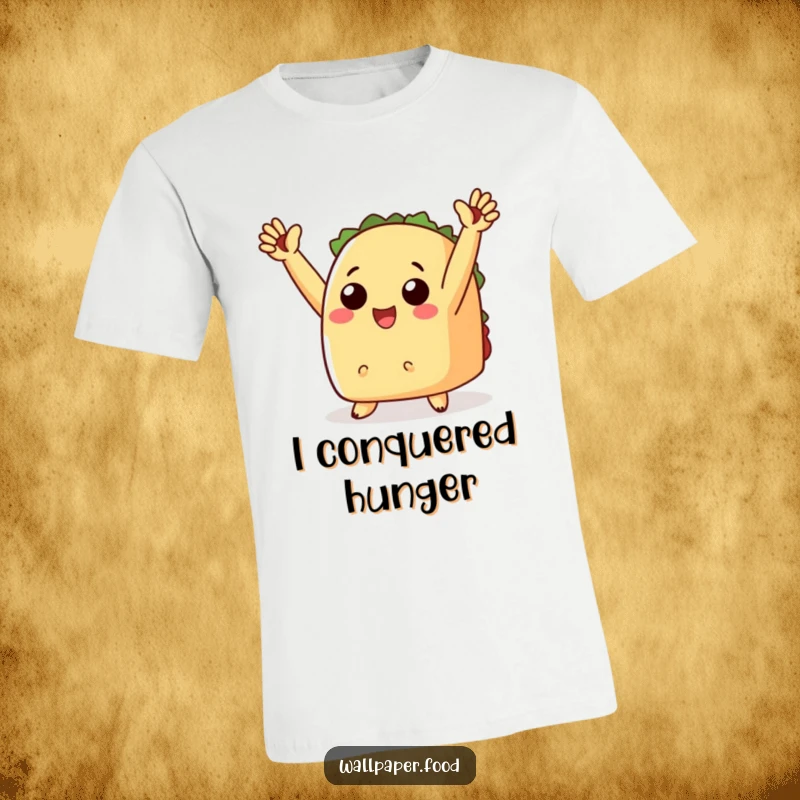 Funny t-shirt featuring a taco with tiny arms raised in triumph, exuding victory and Mexican food fun.