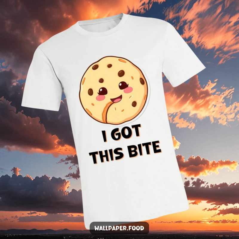 Funny T-shirt depicting a happy cookie character with a chunk missing, showcasing a mischievous and sweet grin.