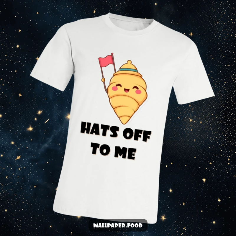 Funny t-shirt depicting a cheerful croissant wearing a jaunty hat and waving a tiny flag, radiating pure breakfast joy. Funny gift.