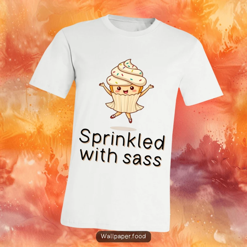 Funny t-shirt showcasing a whimsical cupcake with sprinkles mid-twirl, embodying the elegance and joy of ballet.