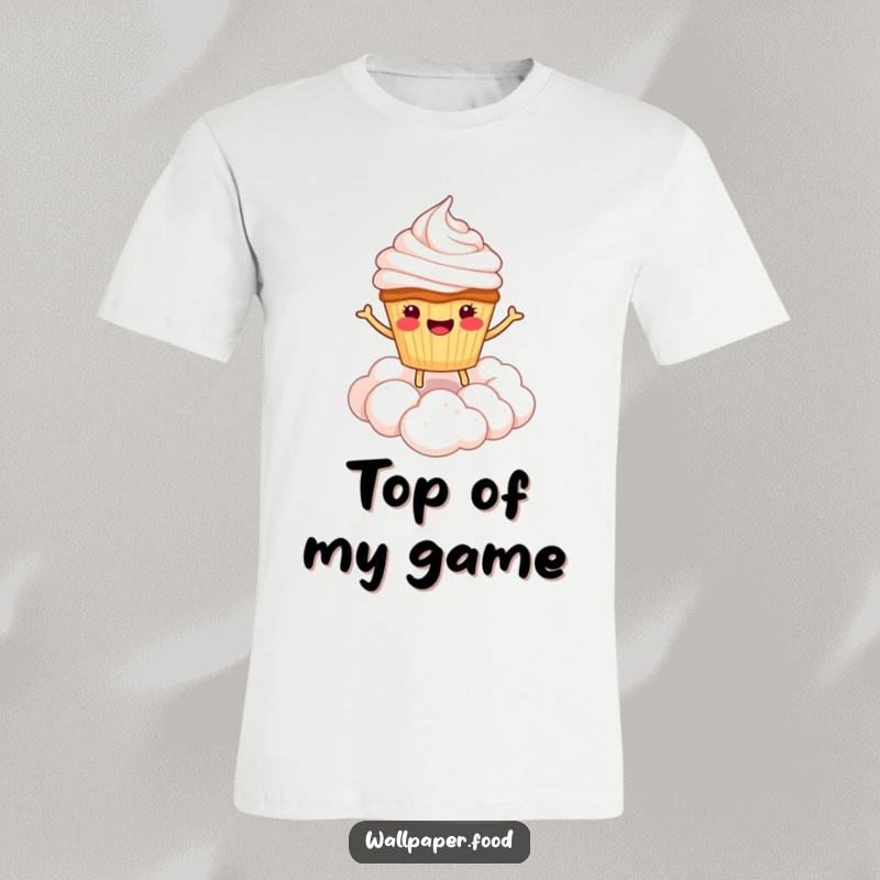 Funny t-shirt showcasing a happy cupcake character bouncing gleefully on a cloud of whipped cream, radiating pure joy.