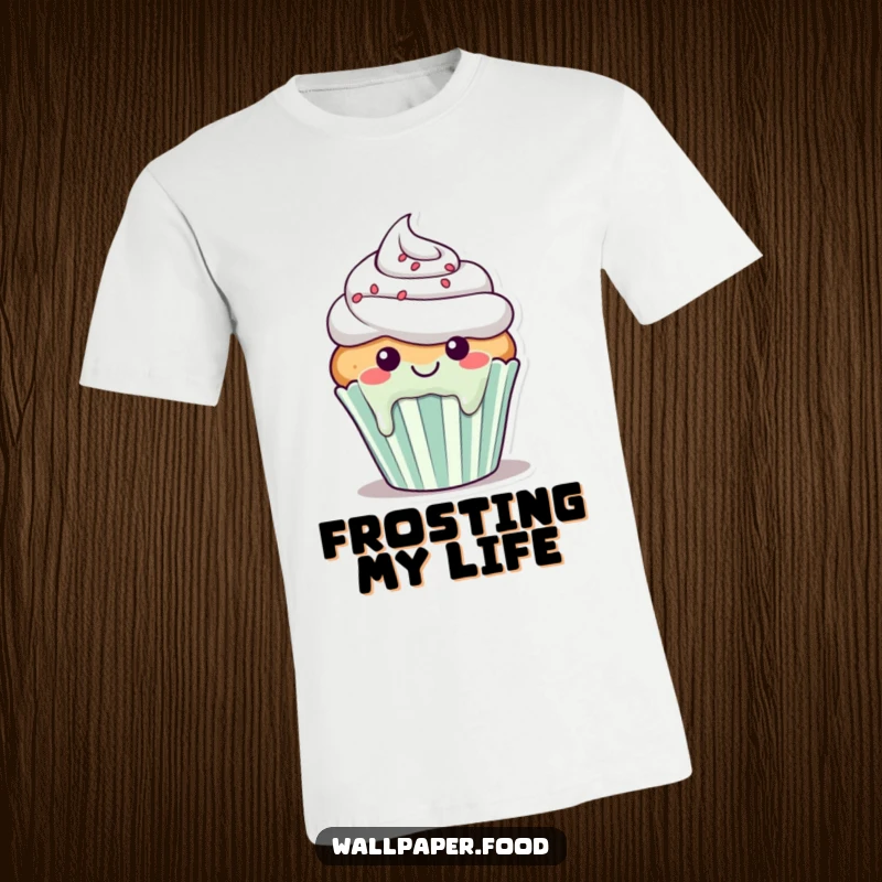 Funny t-shirt depicting a smiling cupcake character with icing happily dripping down its sides, looking joyful.