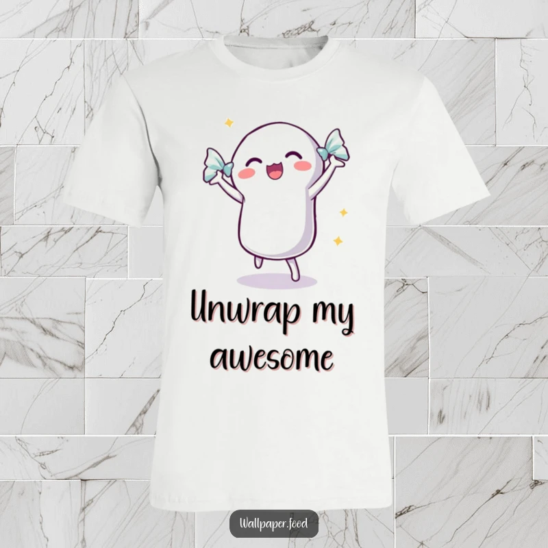 Funny dancing candy t-shirt with a shimmering wrapper, showing an excited candy grooving to the beat.