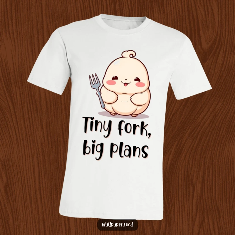 Funny dumpling t-shirt shows a proud dumpling with rosy cheeks happily holding a tiny fork, ready for a snack.