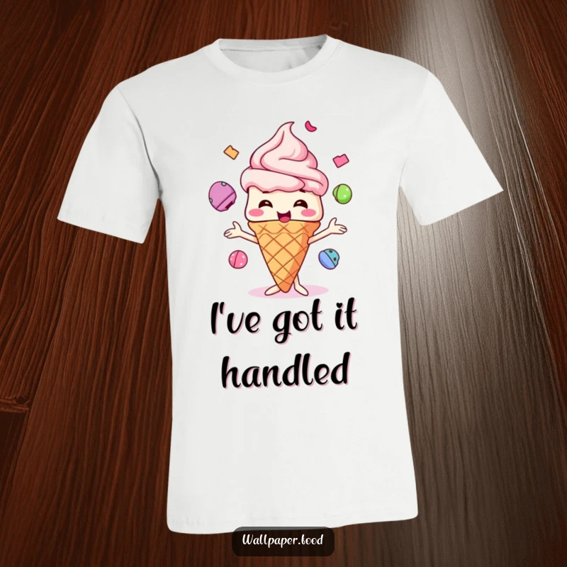 Funny Ice Cream Cone T-Shirt, a whimsical character gleefully juggling multiple colorful ice cream scoops, radiating joy.
