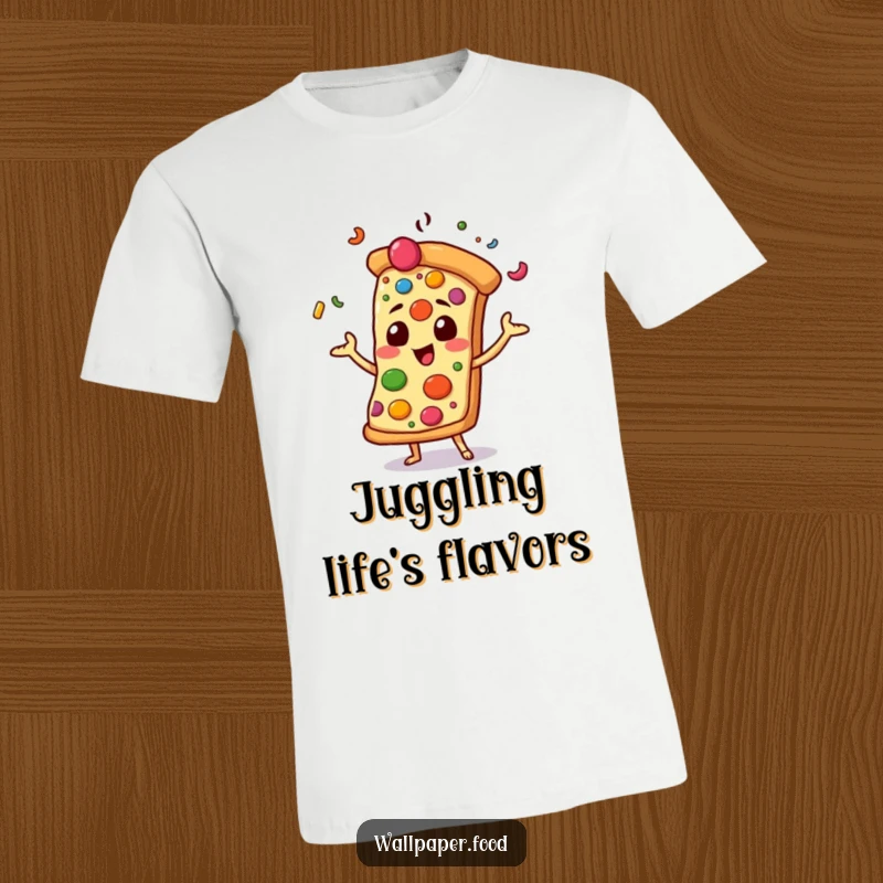 Funny t-shirt featuring a pizza slice character in mid-air, gleefully juggling assorted colorful toppings, a celebration of pizza.