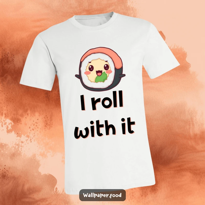 Funny t-shirt depicting a delighted sushi roll with beady eyes happily bouncing, radiating pure joy and Japanese food delight. Funny gift.