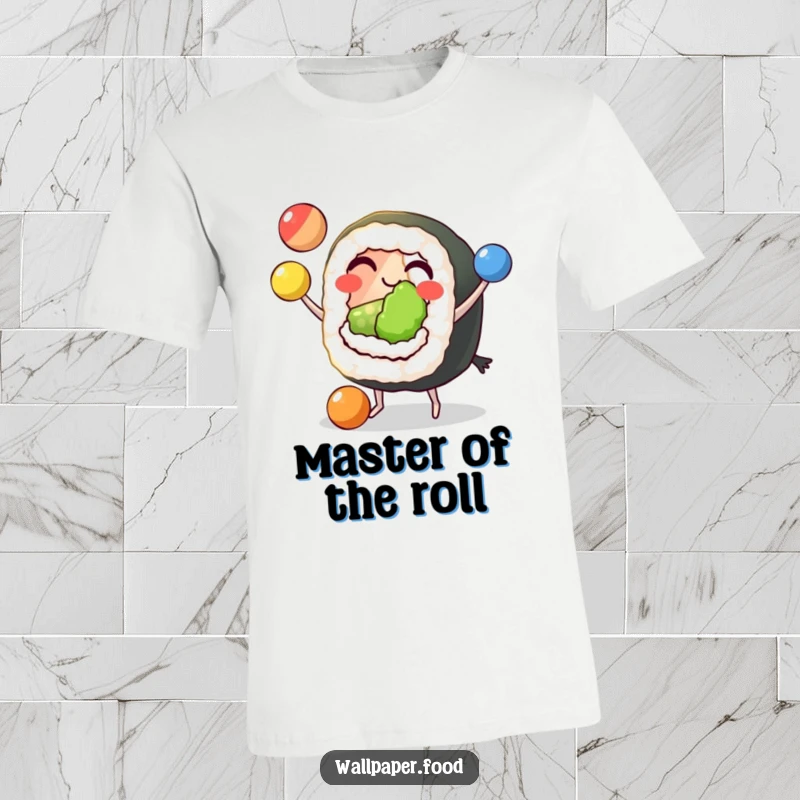 Funny Sushi Juggling T-Shirt featuring a grinning sushi roll character with tiny feet, expertly juggling three vibrant balls, great for casual wear.