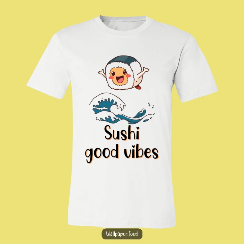 Funny Sushi Leap T-Shirt - Cheerful Wave Riding Sushi Character Tee!