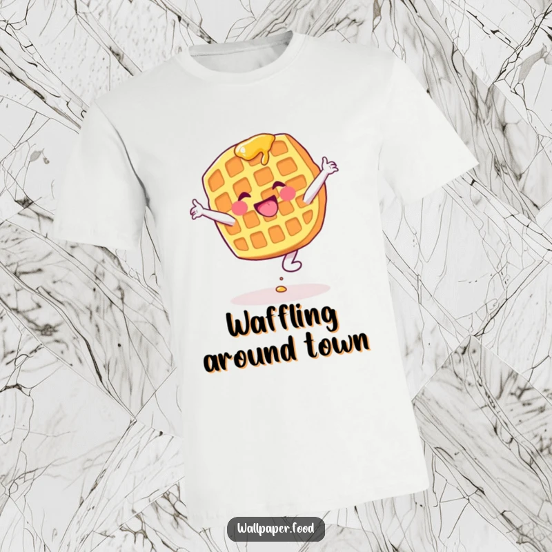 Funny t-shirt featuring a waffle character doing a cartwheel with syrup dripping, a humorous depiction of breakfast antics.