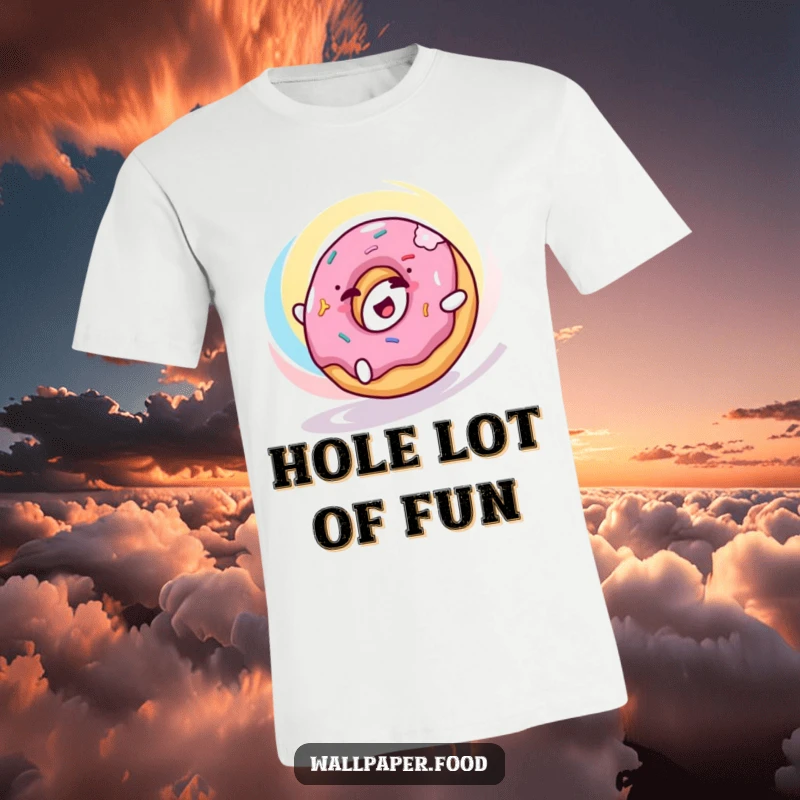 Funny donut t-shirt showing a happy donut character joyfully rolling through a colorful, dynamic swirl, embodying delight.