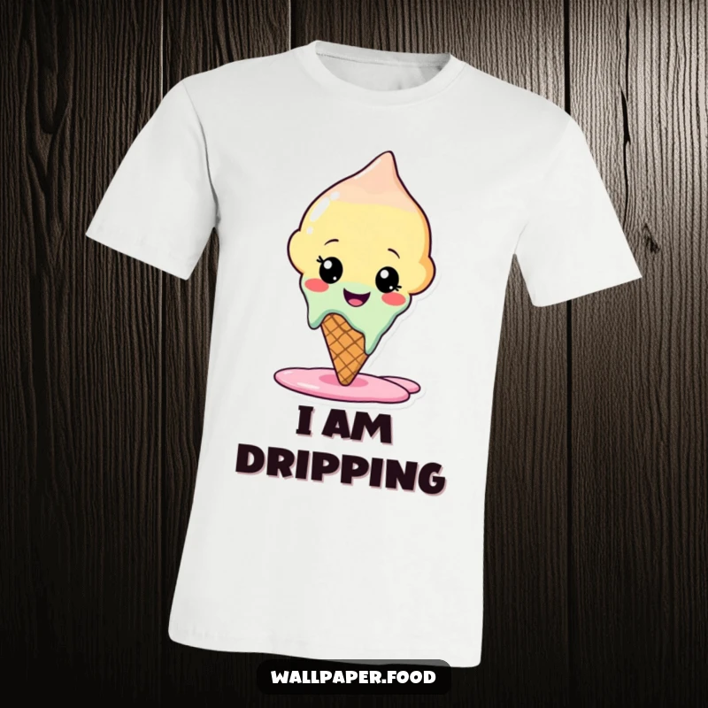 Funny t-shirt showcasing a cheerful ice cream cone character in a delightful state of melting, embodying summer fun and humor.