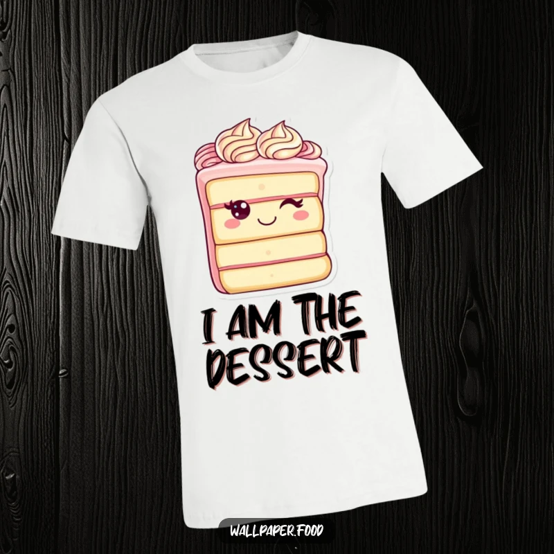 Funny t-shirt with a cheerful cake slice character, its elegant frosting swirls adding to its adorable and happy demeanor, perfect for casual wear.