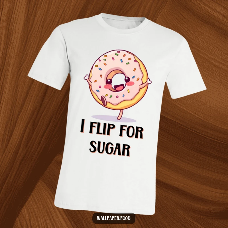 Funny donut t-shirt character with colorful sprinkles performing a delightful cartwheel, embodying pure, carefree joy. A sweet design.
