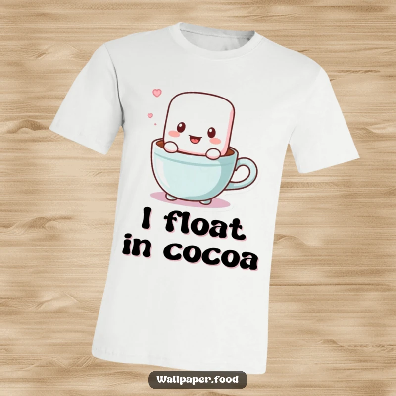 Funny t-shirt depicting a lively marshmallow character mid-bounce in a cocoa cup, conveying energy and sweet-natured fun.