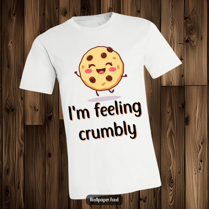 Funny cookie t-shirt depicting a smiling character with chocolate chips doing a joyful hop, full of sweet, happy energy.