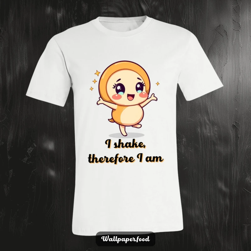 Funny caramel swirl character energetically dancing with a dazzling sparkle effect, making this t-shirt a whimsical and humorous statement piece.
