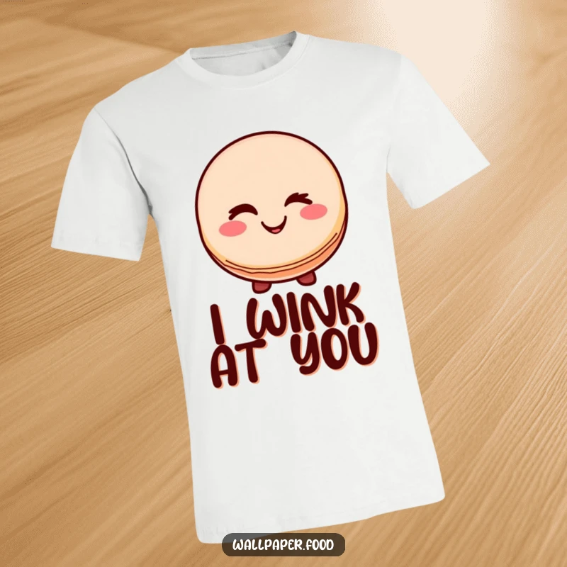 Funny t-shirt depicting a smiling macaron character giving a delightful wink, conveying charm, sweetness, and playful humor.