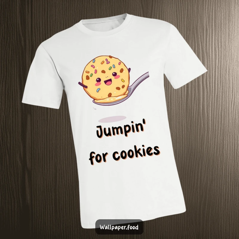 Funny t-shirt depicting a cookie with sprinkles enthusiastically jumping from a spoon, radiating pure dessert joy. Funny gift.