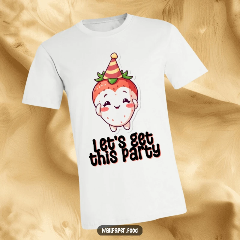 Funny Curious Strawberry T-Shirt, looking inquisitive while adjusting a miniature party hat, embodying playful curiosity.