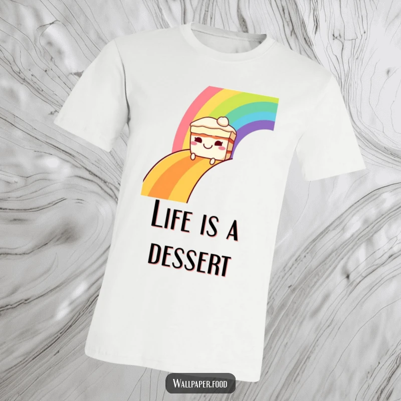 Funny t-shirt featuring a grinning cake character gleefully sliding down a bright rainbow, embodying pure joy and whimsical fun.