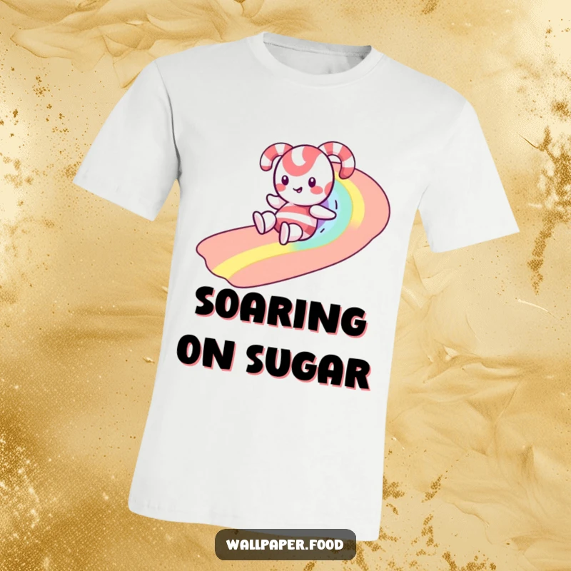 Funny t-shirt showcasing a happy candy cane character in motion, sliding down a whimsical rainbow made of colorful sprinkles.