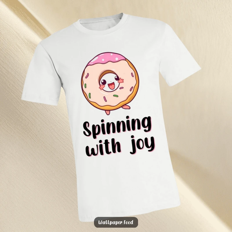 Funny t-shirt featuring a happy doughnut character caught in a joyful spin, radiating energy and deliciousness.