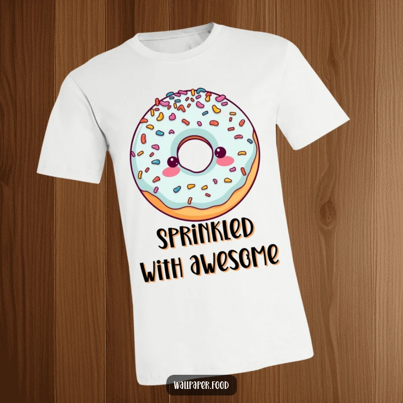 Funny T-shirt with a cheerful doughnut character generously covered in abundant, colorful sprinkles, radiating happiness.