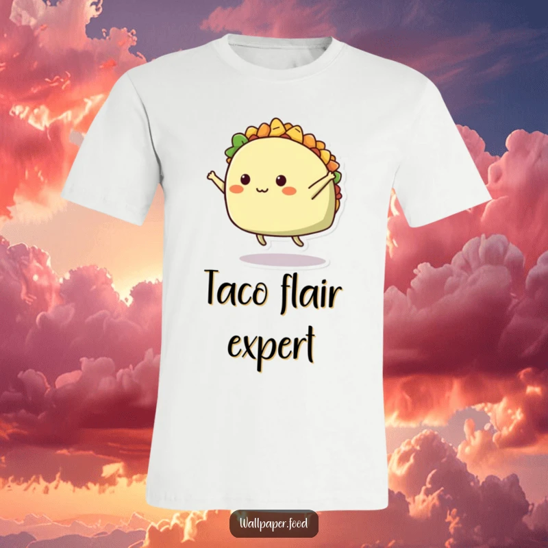 Funny t-shirt with a cheerful taco character doing a spectacular mid-air split, representing pure joy and comedic action.