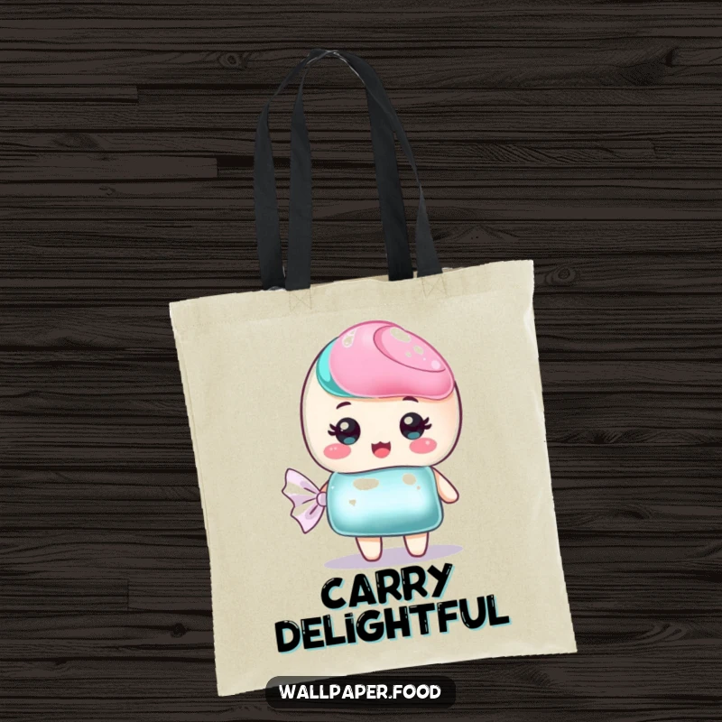 Funny tote bag showcasing a sweet candy character with a shimmering wrapper, perfect for carrying essentials with style.