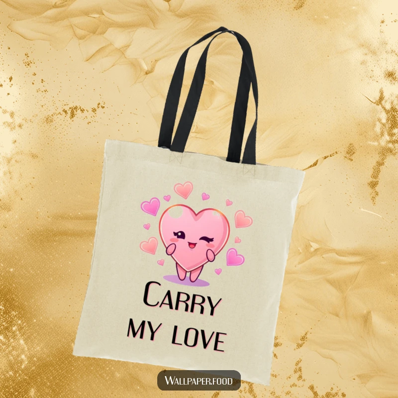 Funny tote bag with a cute candy heart character winking, surrounded by a dazzling array of glowing candy shapes.
