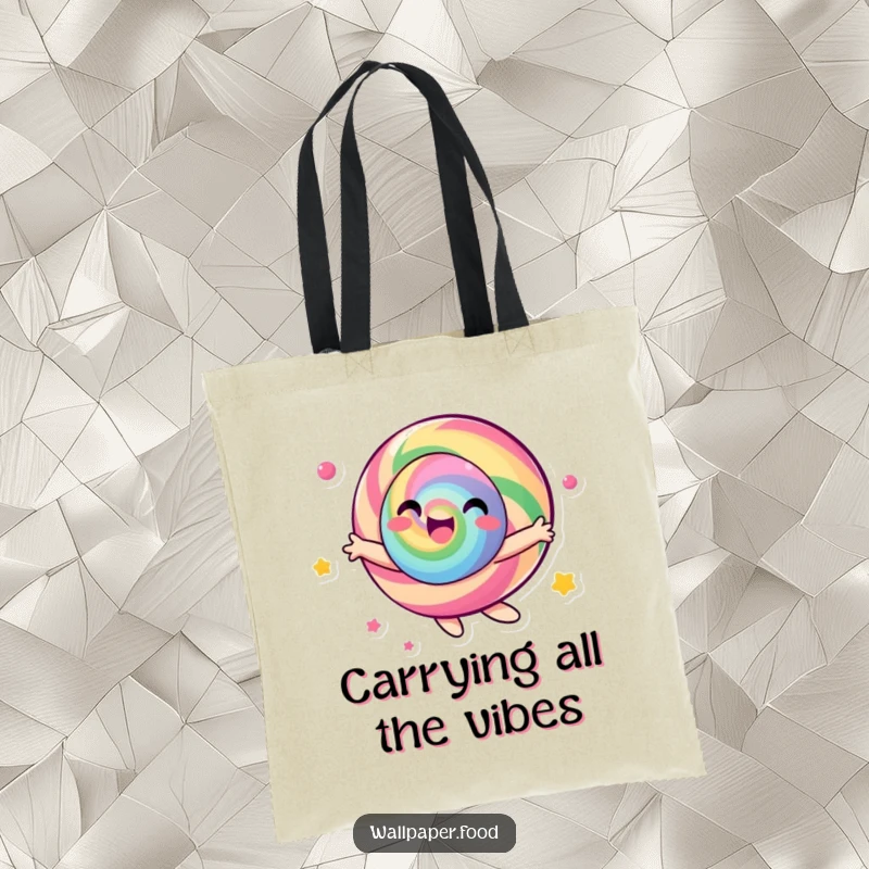 Funny candy character tote bag, joyfully spinning with dynamic, vibrant colors, perfect for carrying essentials with a smile.