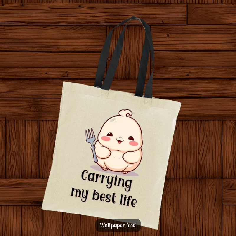 Funny dumpling tote bag showcasing a proud dumpling with rosy cheeks holding a tiny fork, ready for adventure.