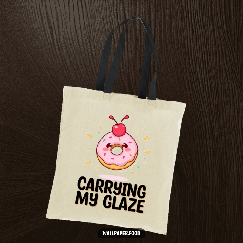 Funny tote bag featuring a donut character with a cherry topping, spinning madly with a playful and humorous expression.