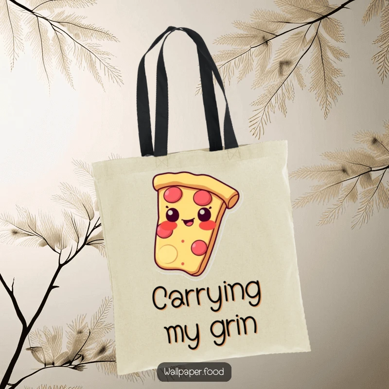 Funny tote bag featuring a pizza slice sliding with a mischievous grin on its crust, ideal for carrying daily items.
