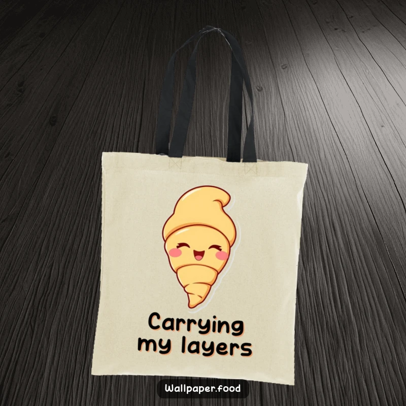 Funny tote bag featuring a grinning croissant character giving an over-the-top, humorous wink, perfect for carrying your treats.
