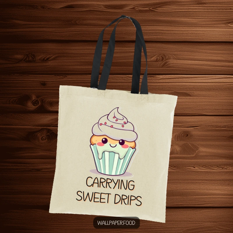 Funny tote bag showcasing a smiling cupcake character with icing happily dripping down its sides, looking sweet and messy.