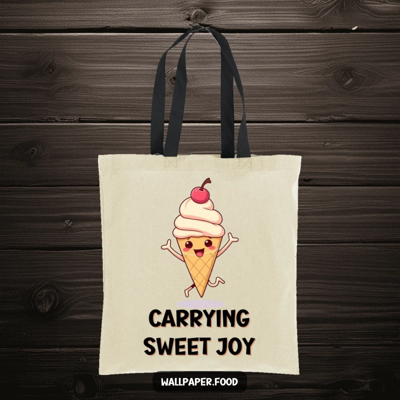 Funny tote bag featuring a hopping ice cream cone with a cherry on top bouncing, ideal for carrying essentials.