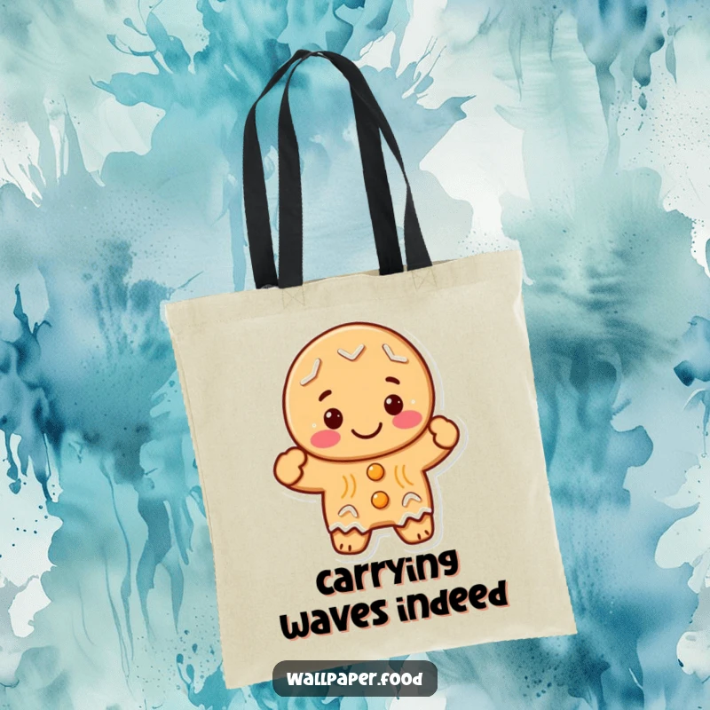 Funny gingerbread cookie character with a happy wave, printed on a durable tote bag, perfect for shopping and fun.