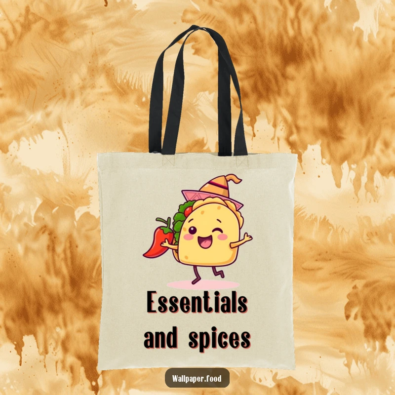 Funny tote bag featuring a happy taco with a hat and a dancing chili pepper, perfect for carrying groceries with festive flair.