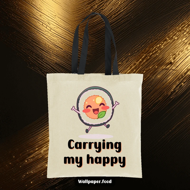 Funny tote bag featuring a sushi roll with legs joyfully leaping, showcasing its energetic and happy spirit.