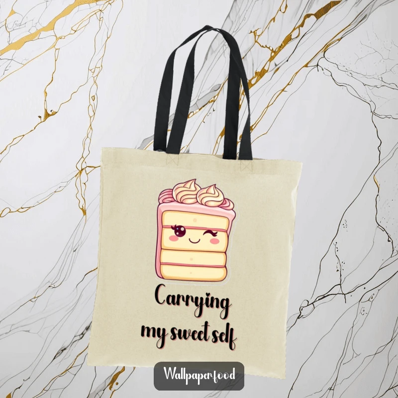 Funny tote bag featuring a cheerful cake slice character with elegant frosting swirls, ready to carry your belongings with a delightful expression.