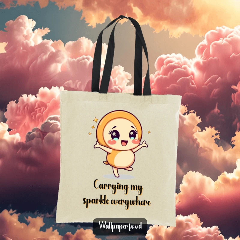 Funny caramel swirl character dancing ecstatically with a shower of sparkles, presented on a practical tote bag for a whimsical and functional item.