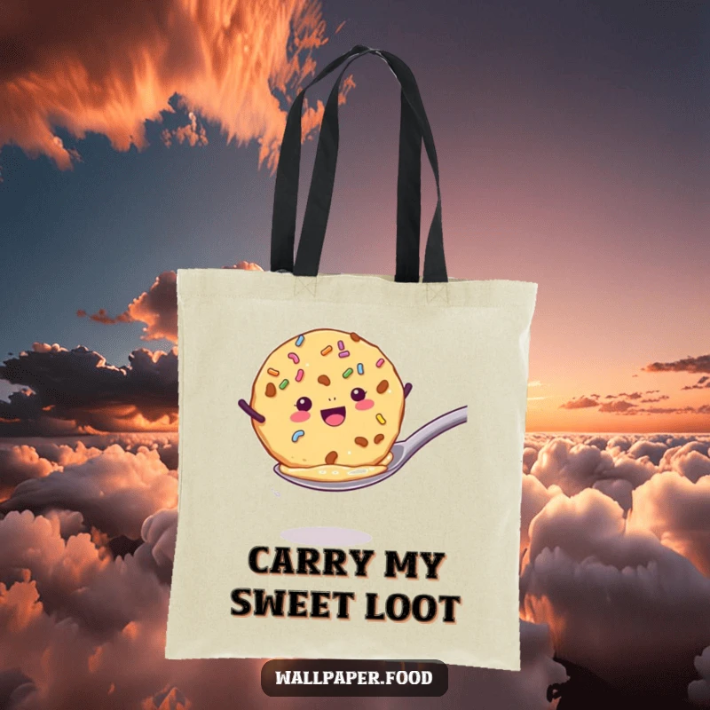 Funny tote bag featuring a cookie with sprinkles enthusiastically jumping from a spoon, perfect for carrying essentials with baking flair. Funny gift.