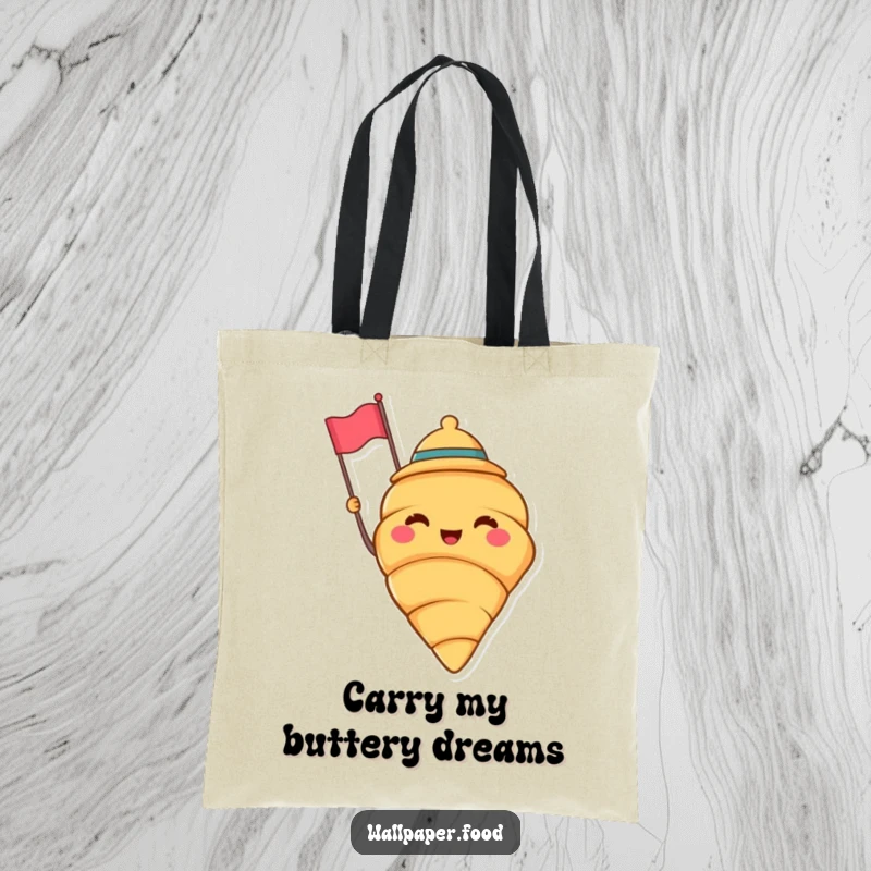 Funny tote bag featuring a cheerful croissant wearing a jaunty hat and waving a tiny flag, perfect for carrying essentials with baking flair. Funny gift.