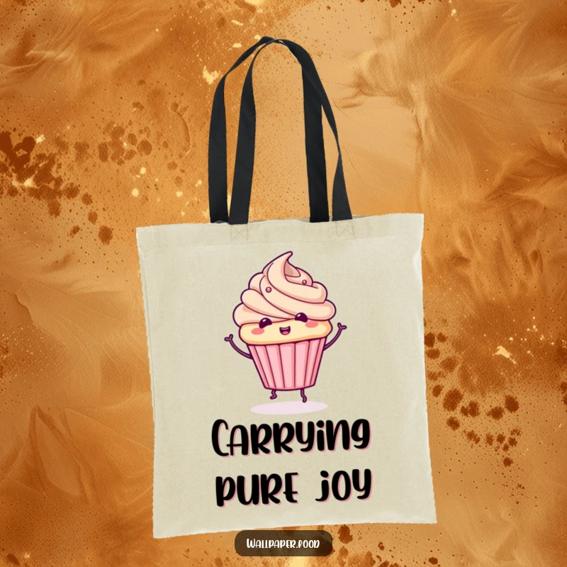 Funny cupcake tote bag showing a cute character with frosting doing a whimsical spin, perfect for stylishly carrying essentials.