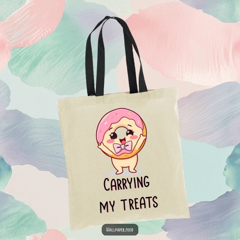 Funny tote bag showcasing a delighted donut with a bow tie, striking a theatrical pose, ready to carry your everyday essentials.