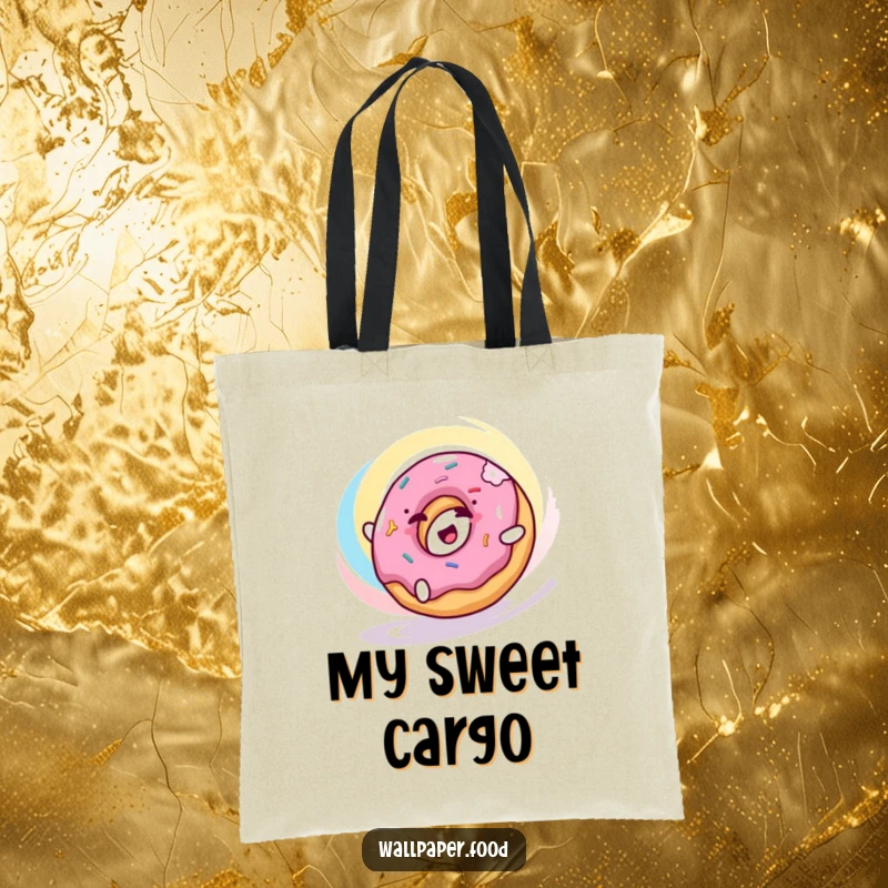 Funny donut tote bag with a happy donut character rolling joyfully through a colorful swirl, perfect for carrying treats.