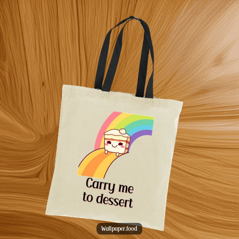 Funny tote bag illustrating a grinning cake character joyfully sliding down a vibrant rainbow, perfect for carrying essentials with a sweet flair.