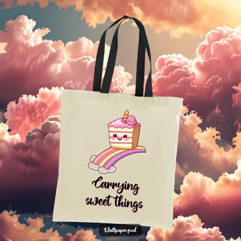 Funny grinning cake tote bag sliding down a rainbow, perfect for carrying treats with sweet humor. Great funny gift.